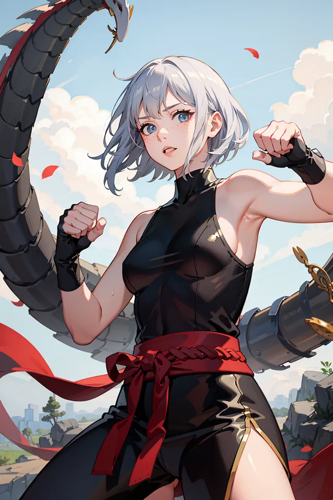 The image is of a young woman with short white hair and blue eyes. She is wearing a black sleeveless outfit with a red sash and red and gold gauntlets. She is standing in a fighting stance, with her fists raised and her feet shoulder-width apart. She is surrounded by a red and gold aura. In the background, there is a large black and gold snake-like creature with red eyes. The snake is coiled up and is about to strike. The woman is looking at the snake with a determined expression.