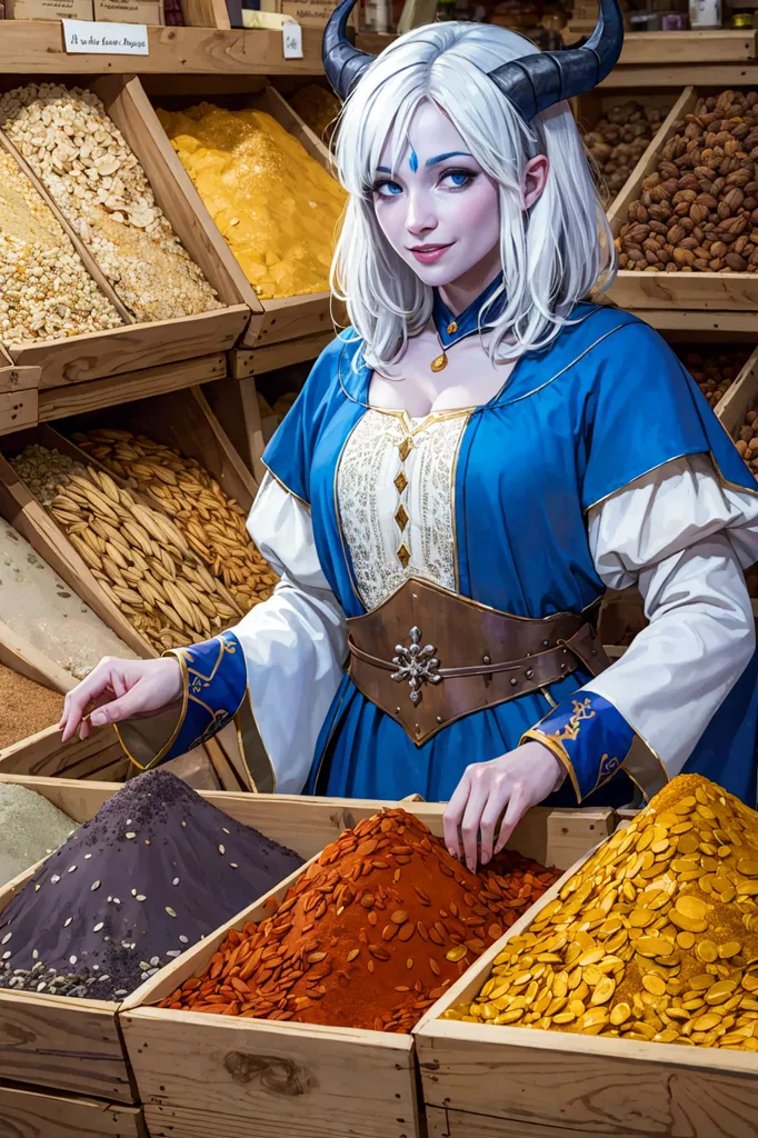 The image shows a beautiful woman with long white hair and blue eyes. She has small horns on her head and is wearing a blue dress with a white camisole. She is standing in a market, surrounded by bins of various spices. She has one hand outstretched over a bin of black spices, and the other hand is holding a wooden scoop hovering over a bin of orange spices.