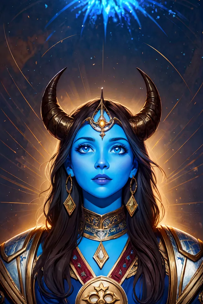 This is an image of a blue-skinned woman with long brown hair. She is wearing a golden crown and has golden horns protruding from her head. She is wearing a blue and brown outfit and has a golden necklace around her neck. She is also wearing golden earrings. She has blue eyes and is looking at the viewer with a serious expression. There is a bright light in the background that is casting a glow on her face.