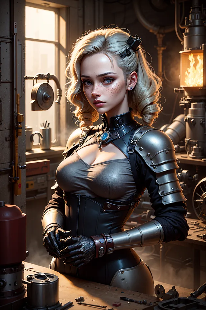 L'image représente une belle jeune femme debout dans un décor steampunk. Elle porte un corset en cuir noir et une cuirasse argentée. Elle a les cheveux blonds et les yeux bleus, et elle regarde le spectateur avec une expression confiante. Elle se tient devant un établi, et il y a divers outils et gadgets steampunk sur la table.