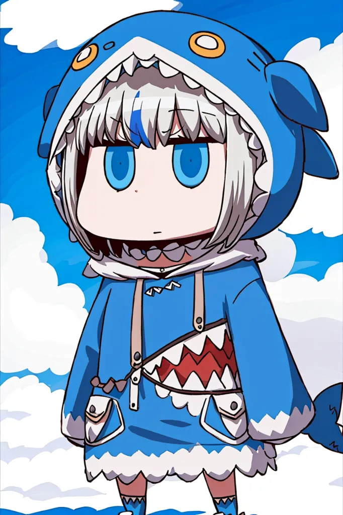 This is an image of an anime-style girl with shark hoodie. She has blue eyes and white hair. She is wearing a blue hoodie with shark teeth and a shark fin on the hood. The background is white with a few clouds.