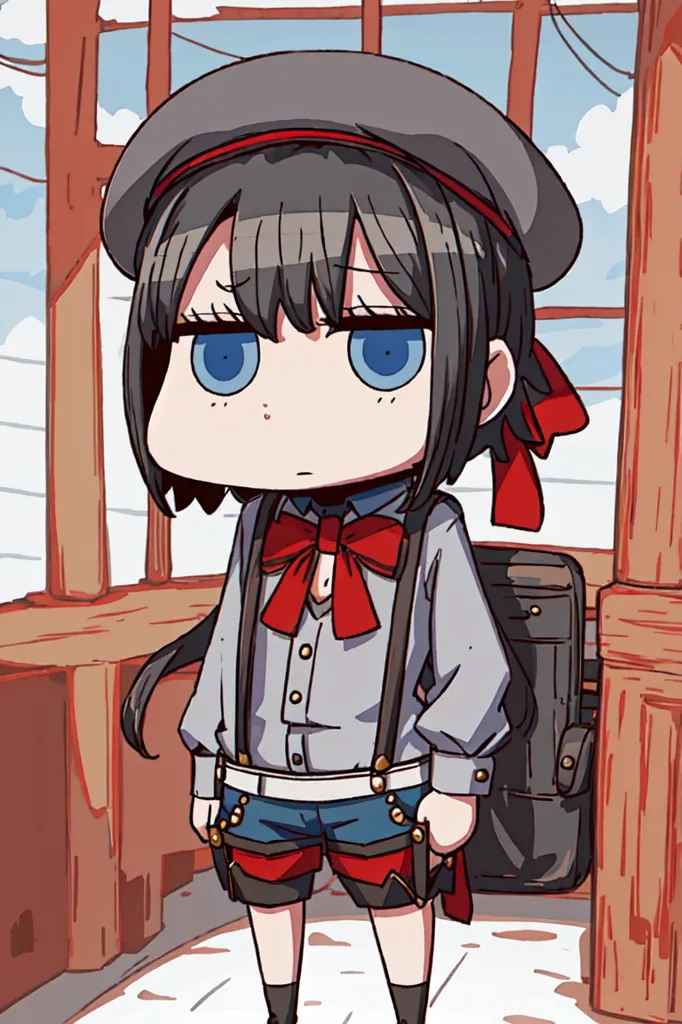 The image shows a young girl with a gray hat, blue eyes, and black hair. She is wearing a white shirt, red bow tie, and brown shorts with suspenders. She has a brown bag over her shoulder and is standing in a wooden room with a blue sky and clouds in the background.