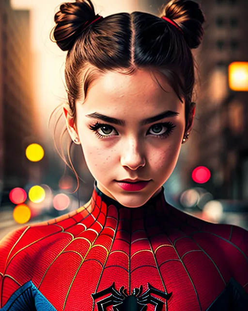 The picture shows a young woman with brown hair tied up in two buns. She is wearing a red and blue Spider-Man costume with a spider symbol on the chest. The background is blurred with bokeh lights.