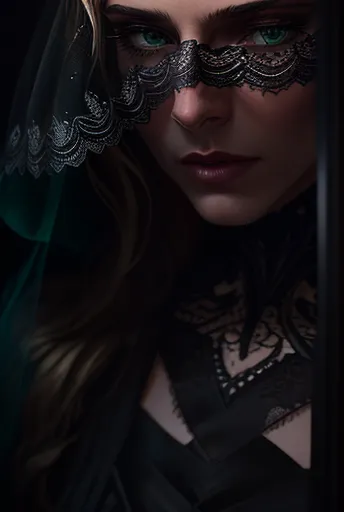 The image is a portrait of a beautiful woman with waist-length blonde hair. She is wearing a black lace mask and a black dress with a sweetheart neckline. The dress is trimmed with black lace. The woman's eyes are dark green and her lips are a deep red. She is looking at the viewer with a serious expression. The background is dark.