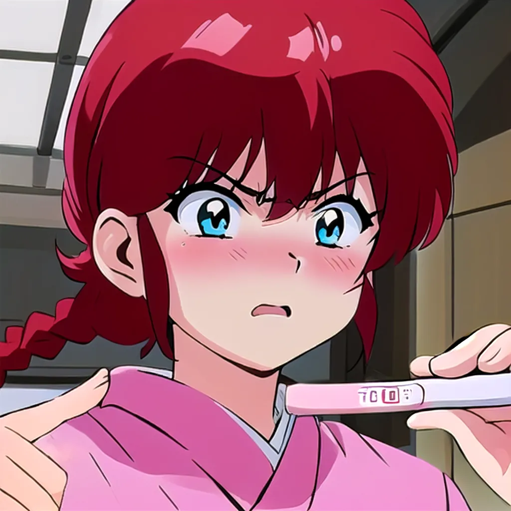 A young woman with red hair and blue eyes is holding a pregnancy test. The test is positive, and the woman is looking at it with a shocked expression on her face. She is wearing a pink kimono.