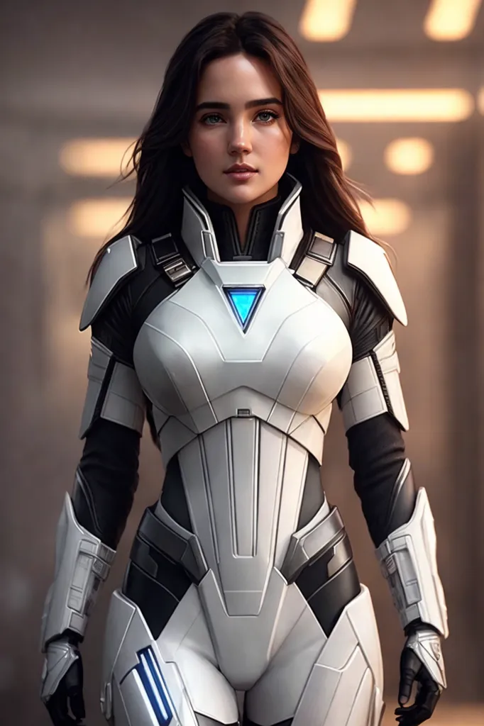 This is an image of a woman in a futuristic suit of armor. The armor is white and black, with blue lights on the chest and arms. The woman has long brown hair and blue eyes. She is standing in a confident pose, with her hands on her hips. The background is a blur of light and dark colors.