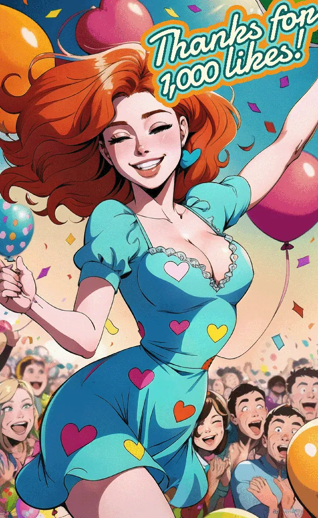 La imagen es de una mujer pelirroja con un vestido azul y globos con forma de corazón de color rosa. Está rodeada de personas que aplauden y sostienen carteles que dicen \