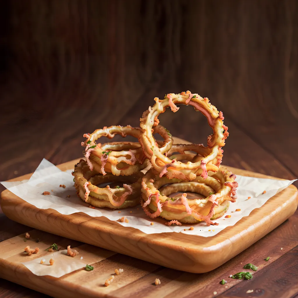 The image shows a plate of onion rings on a wooden table. The onion rings are made of squid and are coated in a crispy batter. They are served with a side of tartar sauce. The onion rings are arranged in a neat stack. The background is a dark wood table. The image is well-lit, and the colors are vibrant. The onion rings look delicious and crispy.