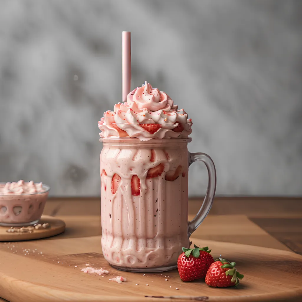 There is a large glass jar on a wooden table. The jar is filled with a pink strawberry milkshake and whipped cream. There is a pink straw in the milkshake. There is a small white bowl on the table next to the jar. The bowl is filled with whipped cream. There are two strawberries on the table in front of the jar. The background is a light gray.