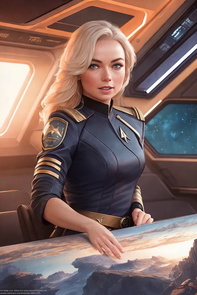 The image shows a young woman with blond hair and blue eyes. She is wearing a blue uniform with gold trim and a gold badge on her left shoulder. She is sitting in a chair in a spaceship, with a large window behind her showing a planet. She is looking at a map on a table in front of her.