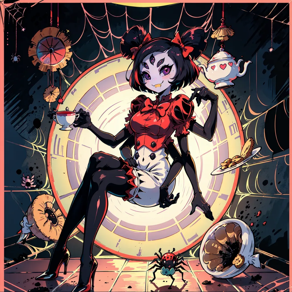 La imagen es de Muffet del videojuego independiente "Undertale". Es una criatura similar a una araña con cabello negro y ojos rojos, que lleva un vestido rojo y blanco. Está sentada en una telaraña, rodeada de tazas de té, platillos y otros objetos. Hay una araña en el piso junto a ella.