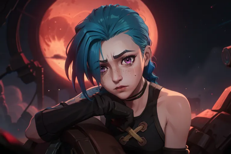 Esta es una imagen de una mujer joven con el cabello azul y ojos púrpura. Está sentada frente a una luna roja. Lleva un atuendo negro y púrpura. Tiene una expresión triste en su rostro.