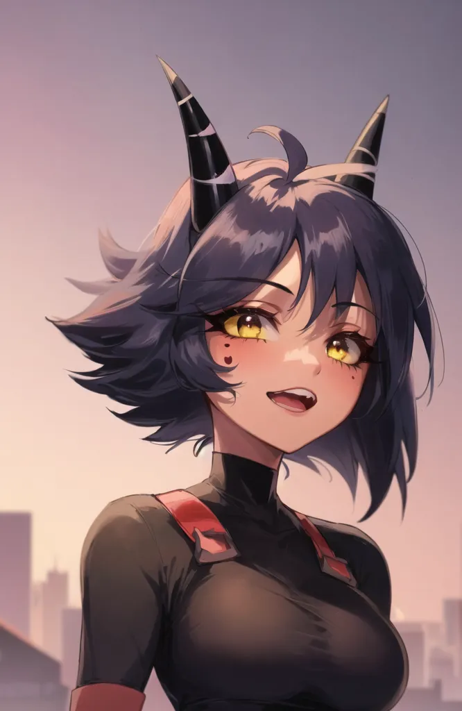 The image is a portrait of a young woman with dark hair and yellow eyes. She has two black horns on her head and is wearing a black bodysuit with a red and white collar. The background is a blurred cityscape at sunset.