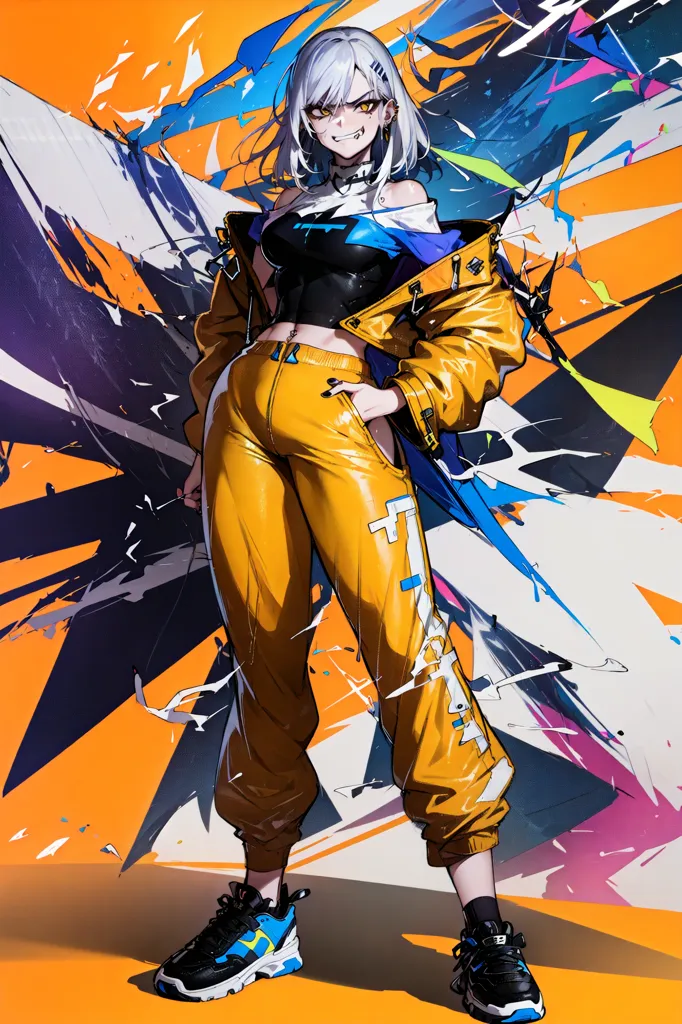 The image is of a young woman with white hair and black eyes. She is wearing a black crop top, yellow pants, and a yellow jacket. She is also wearing black sneakers and has a black choker around her neck. She is standing in front of a yellow background with blue and purple accents. The image is in an anime style and the woman is drawn in a realistic way.