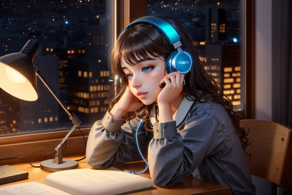 The image shows a girl with brown hair and blue eyes sitting at a desk and looking out the window. She is wearing a gray shirt and blue headphones. There is a book on the desk. A lamp is on the desk. The background of the image is a night sky with many stars.