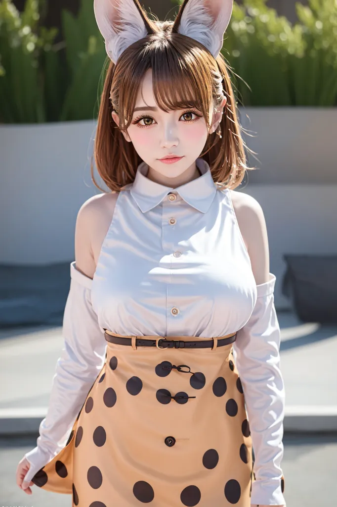 The image shows a young woman with long brown hair and brown eyes. She is wearing a white blouse with a collar and a brown polka dot skirt. She also has a black belt on and furry white cat ears. She is standing in a sunny outdoor area with blurred trees in the background.