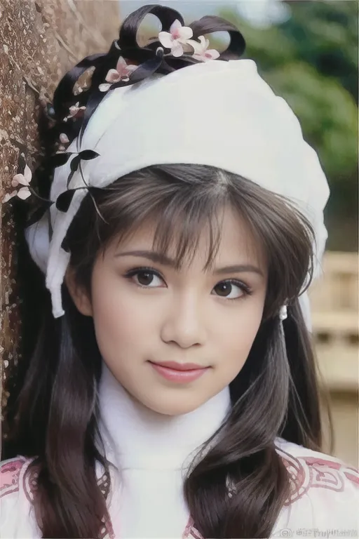 The picture shows a young woman in a traditional Chinese costume. She is wearing a white headband with pink flowers and has long, flowing hair. Her eyes are looking directly at the viewer. The background is a blur of pink and green.