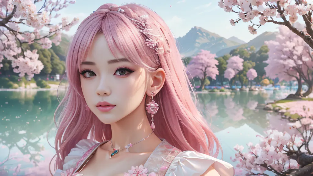 La imagen es un retrato de una mujer joven con el cabello rosa. Ella está usando un vestido blanco con una banda rosa y tiene una flor rosa en su cabello. Ella está de pie en un bosque de cerezos y hay un lago en el fondo. El sol brilla y los pájaros cantan. La imagen es muy pacífica y serena.