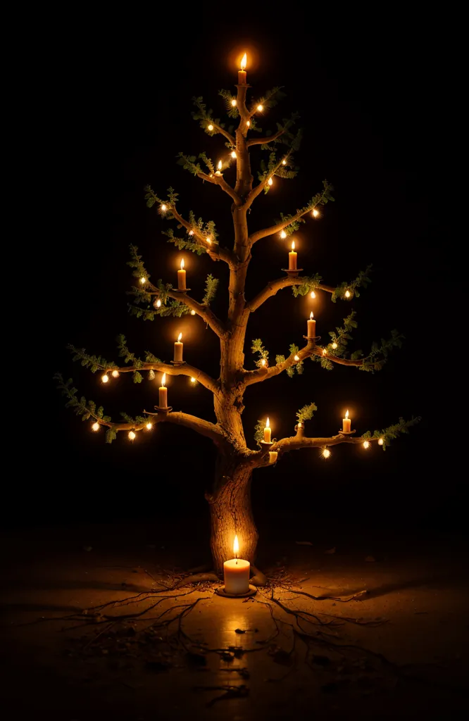 This is a photo of a tree with candles on it. The tree is dark in color and has many branches. The candles are arranged in a spiral pattern around the tree. There are 12 candles on the tree. The candles are lit and are flickering. There is a single candle on the ground in front of the tree. The background is black.