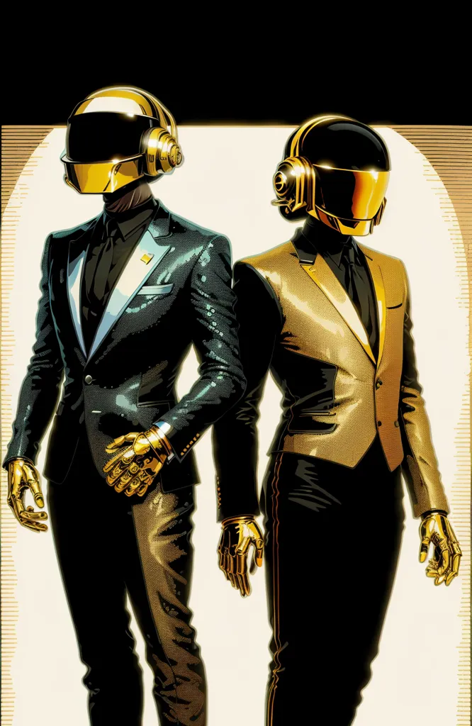 The image shows a pair of robots dressed in suits and ties. They are both wearing golden helmets with visors. The robot on the left is wearing a black suit with a white shirt and black tie. The robot on the right is wearing a gold suit with a white shirt and black tie. They are both wearing white gloves. The background is a simple white color.