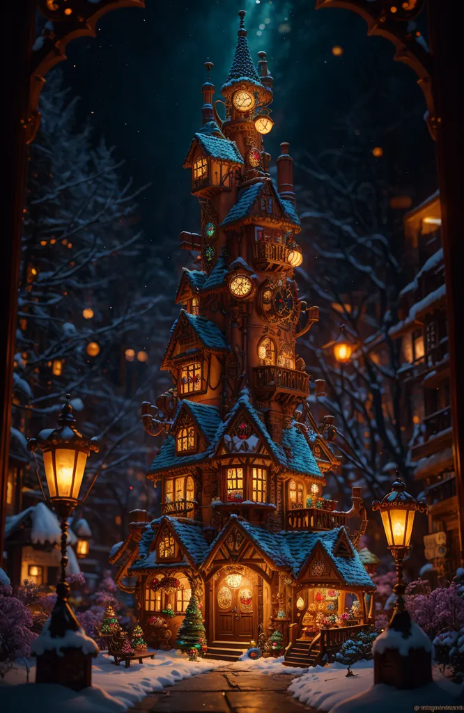 The image is a beautiful winter scene of a clock tower in a snowy village. The clock tower is the focal point of the image, and it is surrounded by snow-covered trees and houses. The tower is made of wood and has a large clock on its face. There are also several smaller clocks on the tower, and they are all chiming. The tower is lit up by a warm glow of light, and there is a wreath on the door. The village is also lit up by warm lights, and there are people walking around and enjoying the snow. The image is very peaceful and serene, and it captures the beauty of the winter season.