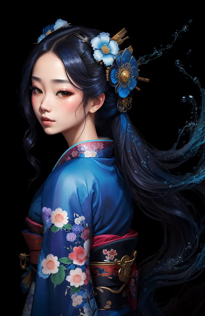 La imagen muestra a una mujer joven, con el cabello negro y largo y ojos azules, que lleva un kimono azul con patrones florales blancos y rosas. El kimono está atado con un obi rosa. El cabello de la mujer está peinado de una manera tradicional japonesa, con dos moños en la parte superior de la cabeza y el resto del cabello cayendo por la espalda. También lleva maquillaje tradicional japonés, con base blanca, sombra de ojos roja y rubor rosa. El fondo de la imagen es negro.