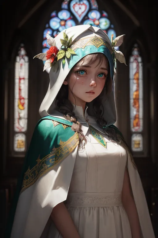 This is an image of a young woman, who looks like a nun, standing in a church. She is wearing a white dress with a green cape. The dress has a white collar and the cape is trimmed with gold. She is also wearing a white veil on her head. The veil is trimmed with a green ribbon and there is a wreath of flowers on her head. She has brown hair and blue eyes. She is looking down with a sad expression on her face. There is a stained glass window in the background.