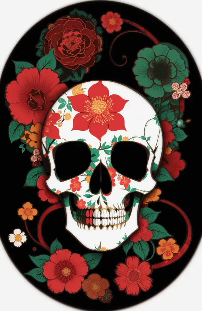 La imagen es un cráneo con un patrón floral. El cráneo es blanco con flores rojas, verdes y naranjas. Las flores son rosas, lirios y margaritas. El cráneo está mirando al espectador. El fondo es negro.