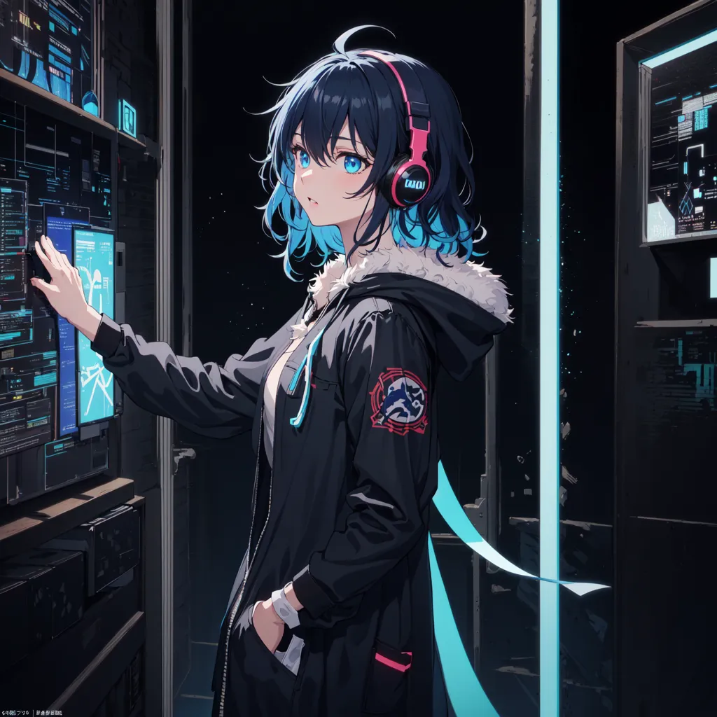 The image is a painting of a young woman with blue hair and blue eyes. She is wearing a black hoodie with a white and red symbol on the sleeve and black headphones. She is standing in front of a wall of computer screens, and she is touching one of the screens with her right hand. The screens are showing various lines of code. The woman is looking at the screen with a focused expression.