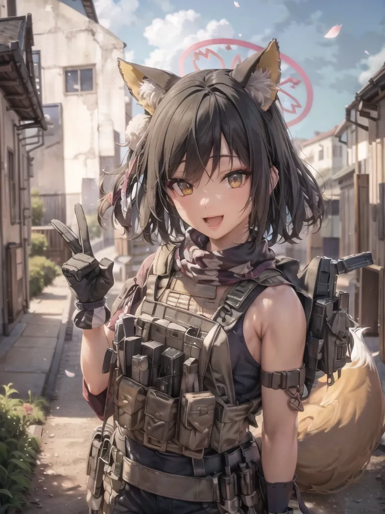 The image shows a young woman with brown hair and fox ears. She is wearing a military-style vest and a scarf around her neck. She is also carrying a gun and a backpack. She is standing in an urban setting, with buildings and a street in the background. The image is drawn in a realistic style, and the woman's expression is happy and confident.