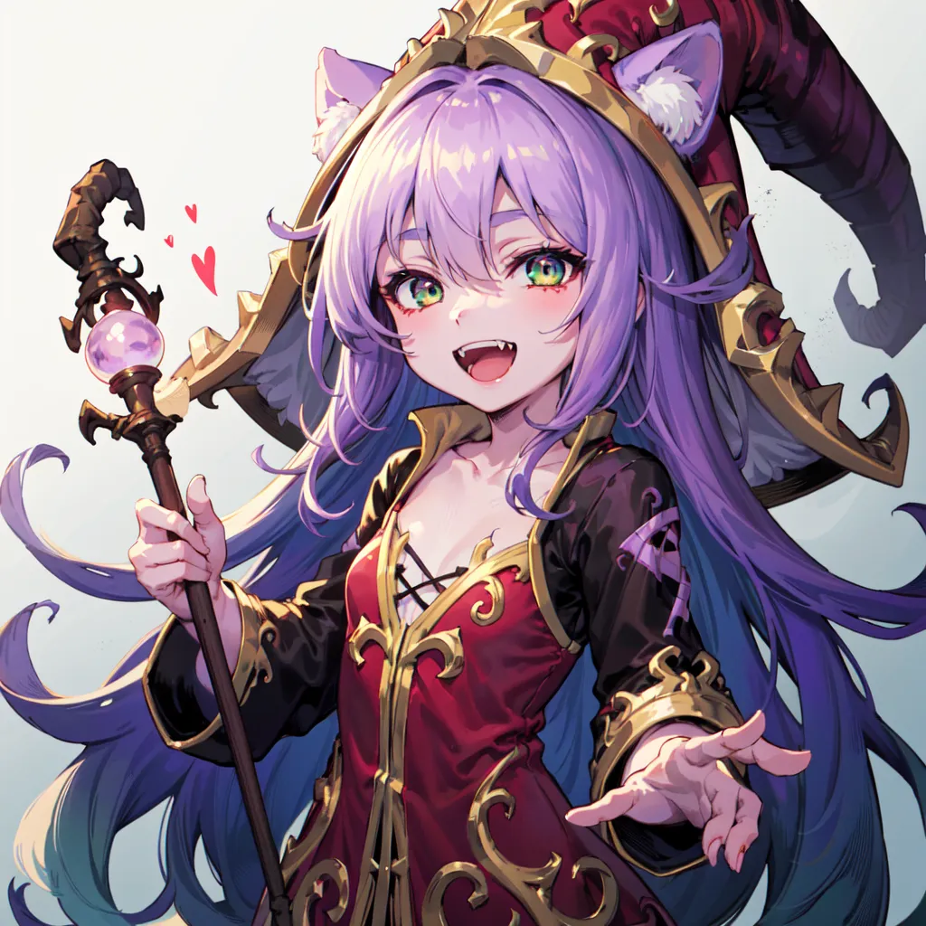 The image is of a young girl with purple hair and green eyes. She is wearing a red and purple wizard's hat with cat ears. The girl is smiling and has her hand outstretched. She is holding a staff with a crystal ball on the end. The background is white with a few hearts floating around.