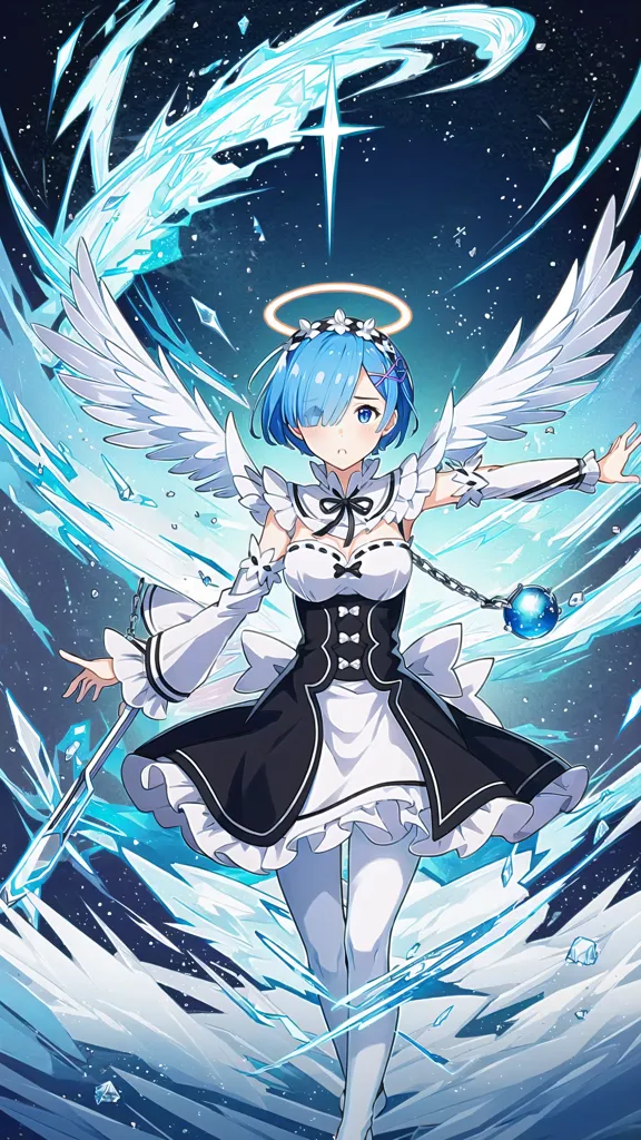 The image shows a young girl with blue hair and blue eyes. She is wearing a white and black maid outfit with a blue sash. She also has a halo above her head and is surrounded by water. There are also two large ice wings behind her.