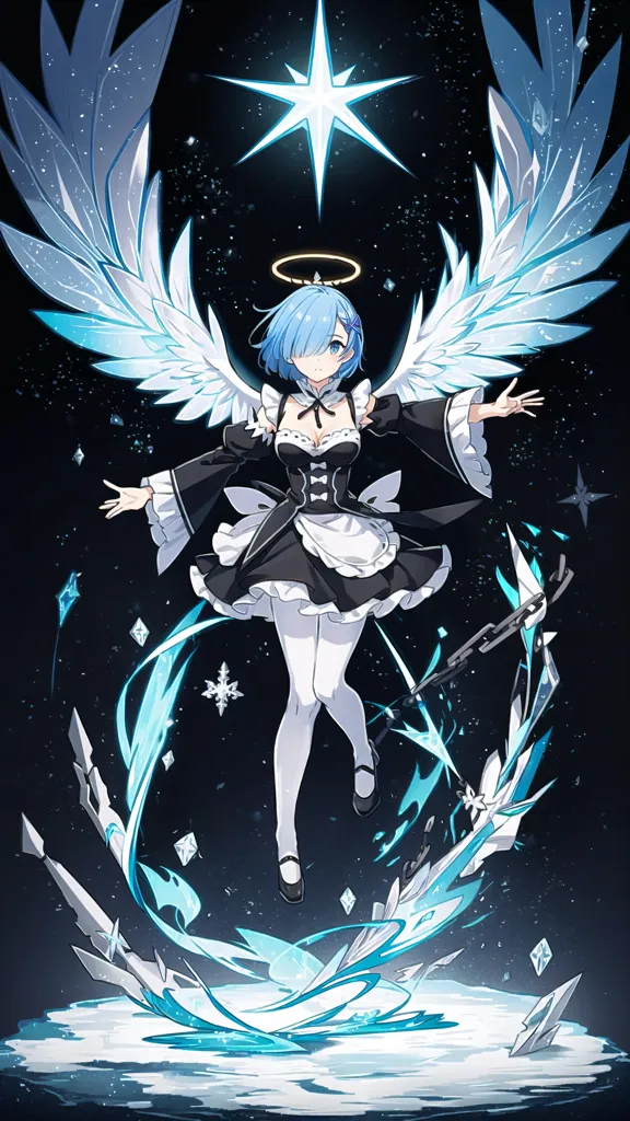 This image is of Rem from the anime series Re:ZERO -Starting Life in Another World-. She is depicted with angel wings made of ice and wearing a halo. She is also wearing a maid outfit. The background is dark with a starry sky and a bright light in the center.