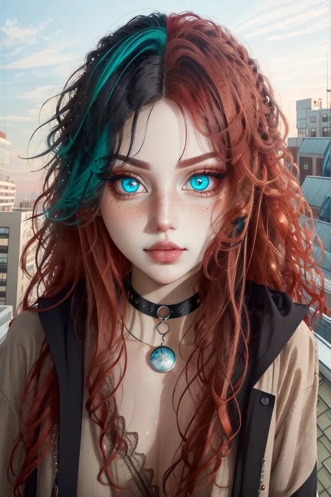 This is an image of a beautiful young woman with long, flowing hair. Her hair is split into two colors, with the left side being black and the right side being a bright red. She has blue eyes and a fair complexion. She is wearing a necklace with a blue pendant. She is standing in front of a cityscape with a building in the background.