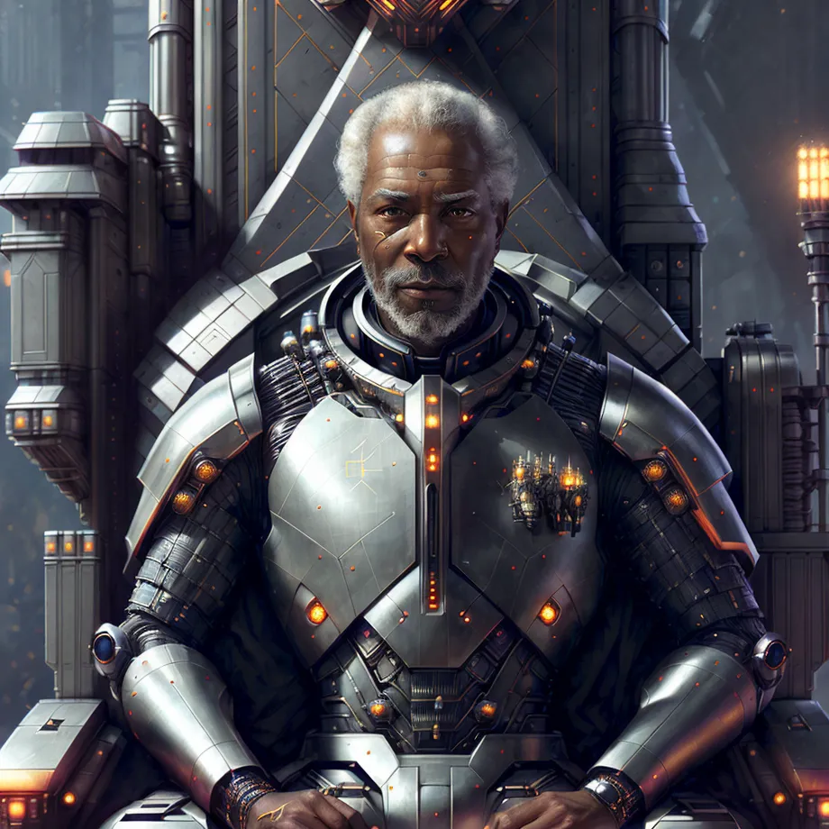 The image shows a black man with grey hair and a beard. He is wearing a silver and grey armor with orange lights on the chest plate. He is sitting on a throne and looking at the viewer with a serious expression. The background is a dark room with a lot of machinery.