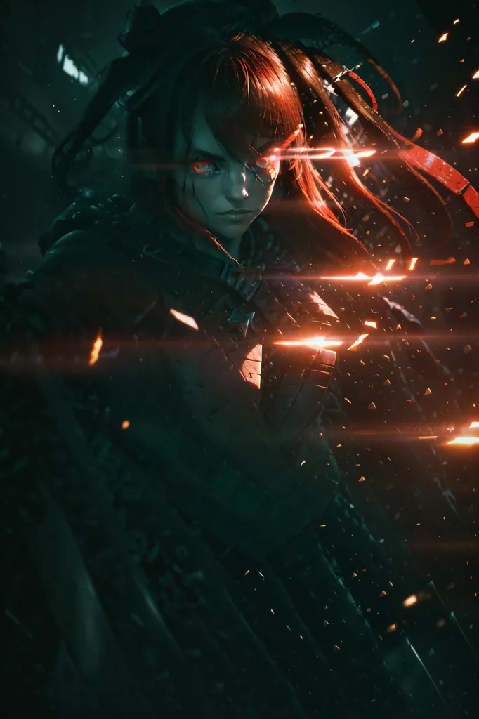 This is an image of a female cyborg. She has red hair and red eyes. She is wearing a black and red outfit. She is standing in a dark place. There are sparks flying around her. She looks like she is ready to fight.