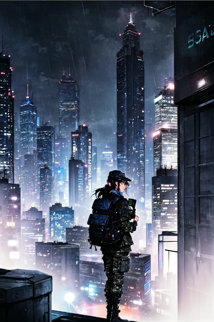 The image is a digital painting of a young woman standing on a rooftop in a rainy city. She is wearing a military-style uniform and a backpack. The city is in the background and is depicted as a dark and rainy place. The woman is looking out over the city with a pensive expression on her face.