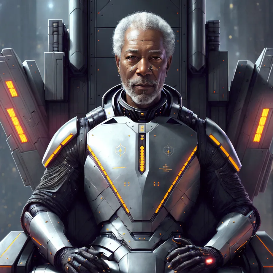 The image shows a man sitting on a futuristic throne. The man is wearing a black and grey uniform with orange highlights. He has a beard and a serious expression on his face. The throne is made of metal and has a high back. The background is a dark cityscape with bright lights.