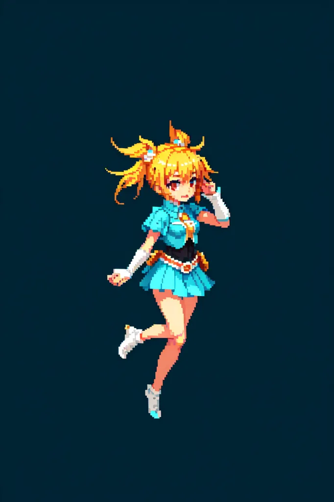 この画像は若い女性の pixelated イラストです。彼女は青と白のアウトフィットを着ており、短いスカートと黄色のヘッドバンドを身に着けています。彼女は長い金髪と橙色の目をしています。彼女は片足で立ち、もう一方の足を空中に上げています。両腕は横に伸ばされています。彼女は自信に満ちた表情をしています。背景は濃い青色です。