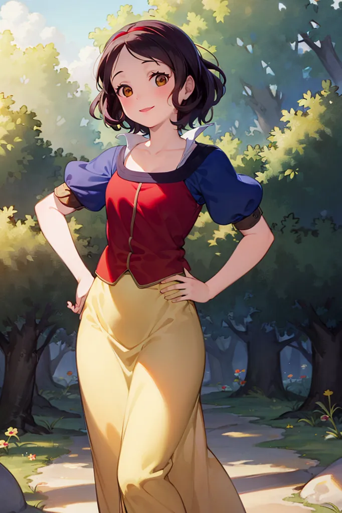 The picture shows a young woman with short brown hair and brown eyes. She is wearing a red and blue bodice with a white blouse and a long yellow skirt. She is standing in a forest, with one hand on her hip and the other holding her skirt. She has a smile on her face.