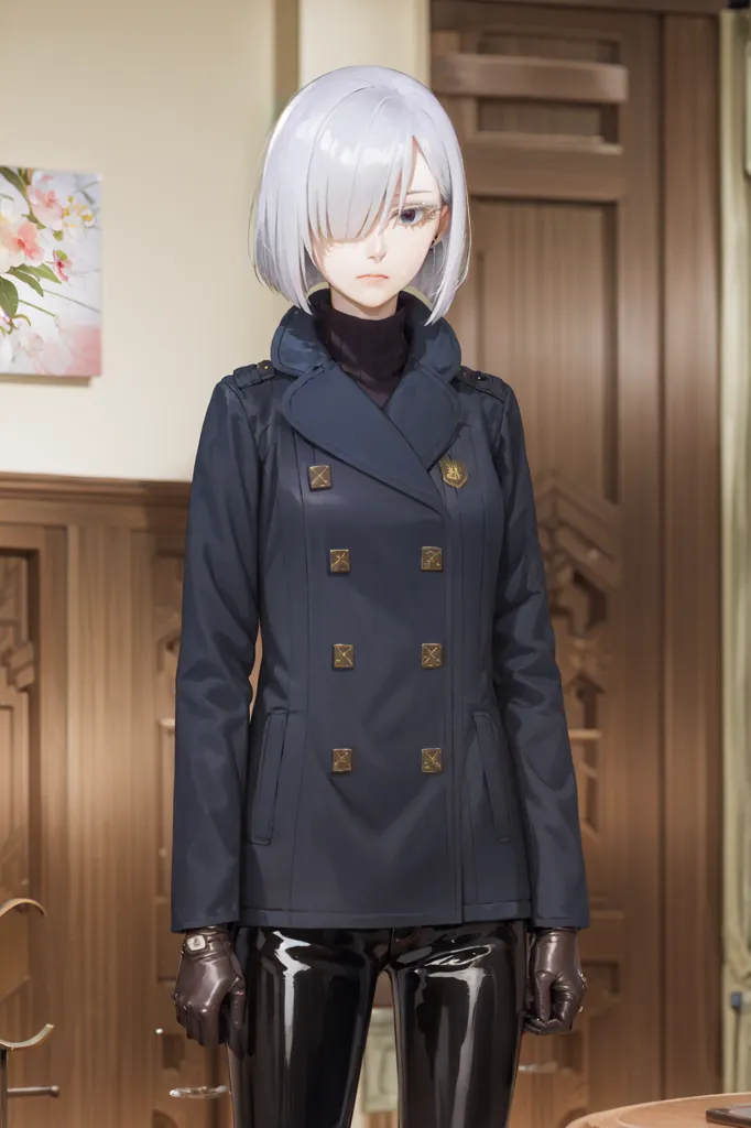 The image shows a young woman with short white hair and purple eyes. She is wearing a black turtleneck blouse, a blue military-style coat with gold buttons, and black leather pants. She is also wearing black gloves and there is a picture on the wall behind her.