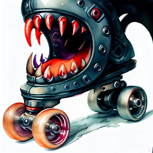 The image is a watercolor painting of a roller skate with a monster face. The roller skate is made of metal and has four wheels. The monster face has sharp teeth and a long tongue. The roller skate is sitting on a wooden floor. The background is white.