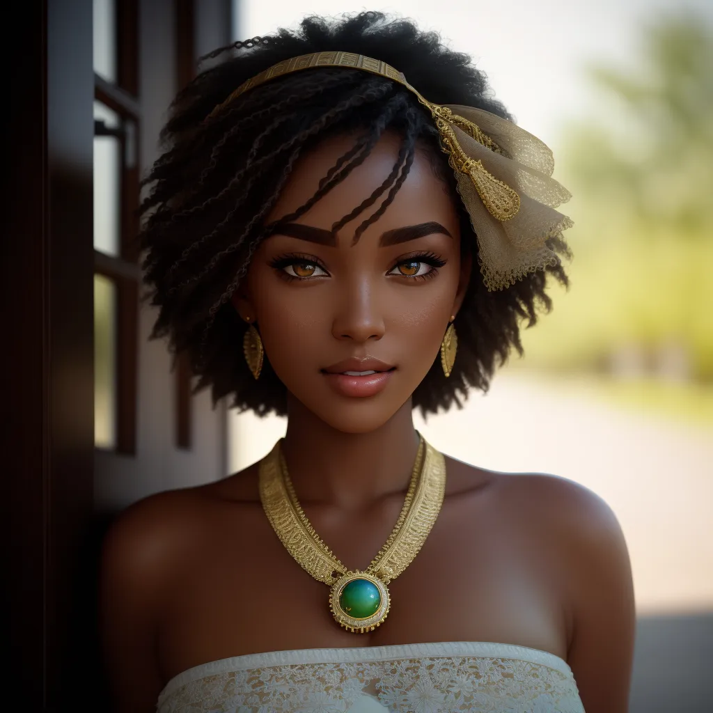 The image shows a young woman of African descent with dark brown skin and short black hair. She is wearing a white off-the-shoulder dress with a sweetheart neckline. The dress is trimmed with gold lace. She is also wearing a gold necklace with a large green pendant. The woman's hair is pulled back in a bun and she is wearing a gold headband. She has a serene expression on her face and is looking directly at the viewer. The background is blurred and looks like it is a jungle scene.