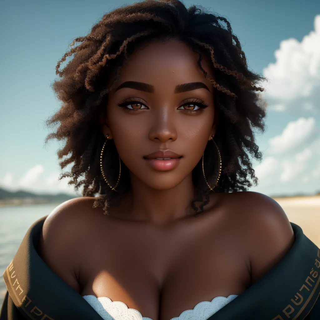 The image is a portrait of a young African-American woman. She has dark brown skin, curly black hair, and light brown eyes. She is wearing a white strapless dress and has a gold hoop earring in her left ear. She is standing in front of a blue ocean with white clouds in the background.