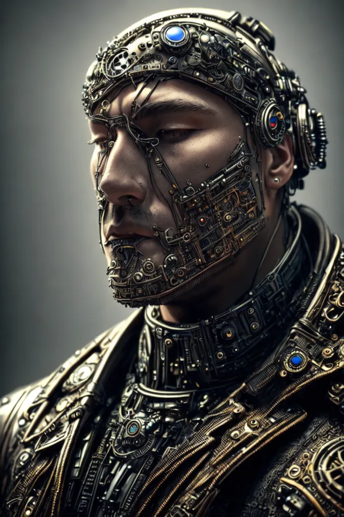 The image is a portrait of a man wearing a steampunk style mask and armor. The mask covers his mouth and nose, and is made of a variety of metals, including brass, copper, and steel. The armor is made of the same materials, and covers his chest, shoulders, and arms. The man's eyes are a deep blue color, and his hair is dark brown. He has a small beard and mustache. The background of the image is a dark grey, and the man's face is illuminated by a bright light.