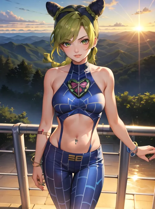 The image is of a young woman with green hair and blue eyes. She is wearing a blue and white outfit with a butterfly-shaped brooch on the chest. She is standing on a balcony, leaning against the railing with one hand and looking out at the view. The background is a mountainous landscape with the sun setting.