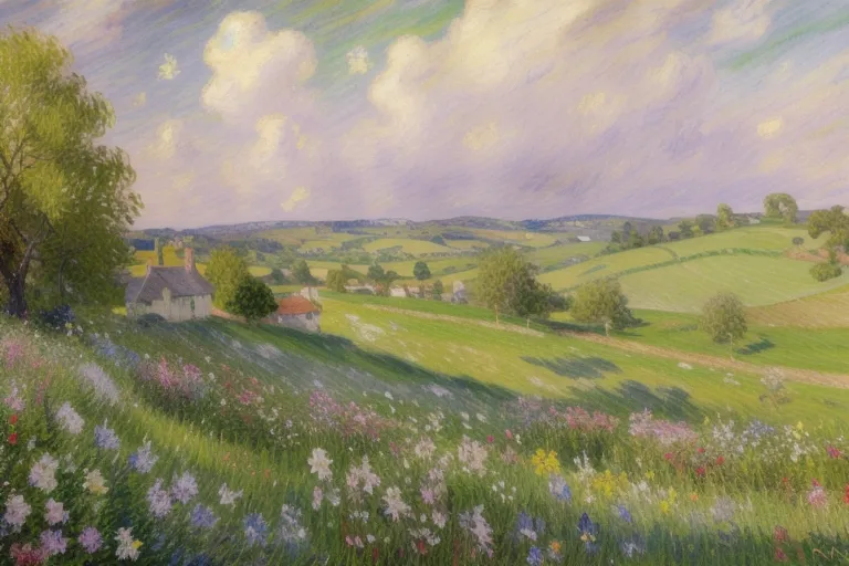 L'image est une magnifique peinture de paysage. Elle représente une colline vallonnée verte avec une petite maison de campagne au loin. Le premier plan est rempli d'une variété de fleurs, notamment des marguerites, des coquelicots et des boutons d'or. Le ciel est bleu et il y a quelques nuages blancs. La peinture a une sensation très apaisante et paisible.