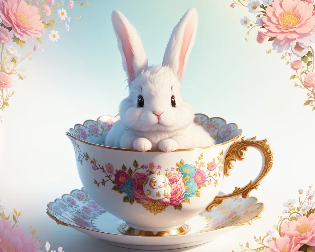 The image shows a fluffy white rabbit sitting in a china teacup. The rabbit has its front paws resting on the rim of the cup and is looking out at the viewer with a curious expression. The teacup is decorated with a floral pattern and has a gold handle. The cup is sitting on a saucer. The background is a light blue color with a floral pattern in the corners.