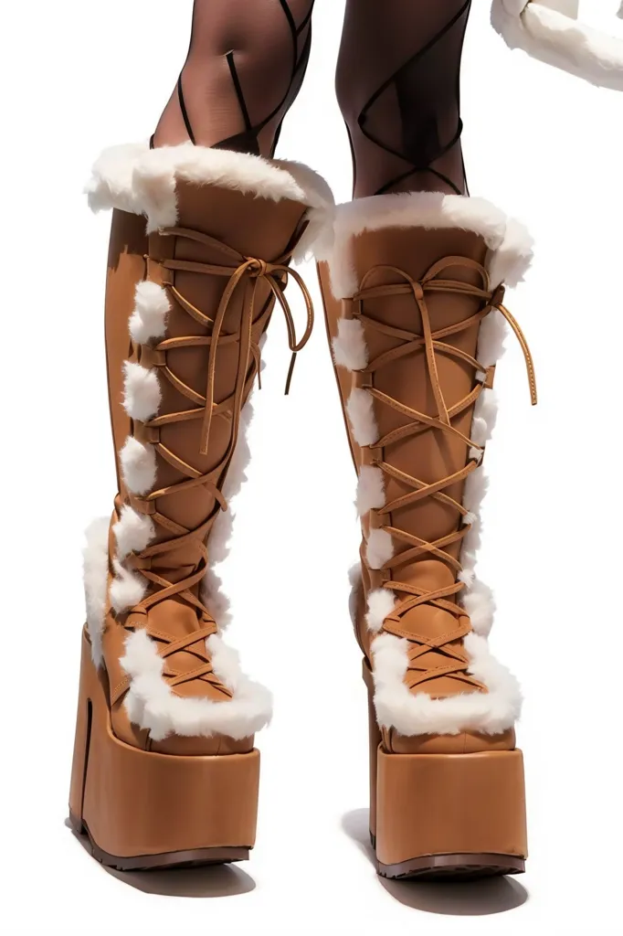 These are a pair of furry brown boots that go over the knee. They have white fur trim around the top and white laces. The boots also have a thick platform sole.