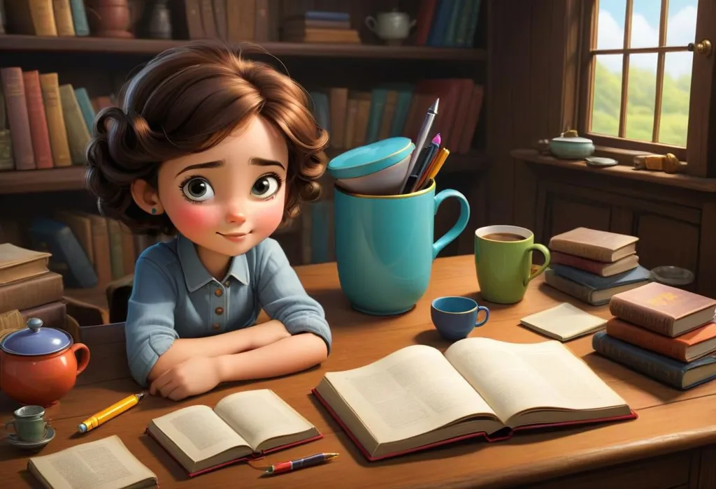 The image shows a girl sitting at a desk in a library. She has brown hair and brown eyes, and is wearing a blue shirt. She is smiling and looking at the camera. There are books, a mug, and a pencil on the desk. The girl is probably a student, and she is studying for an exam.